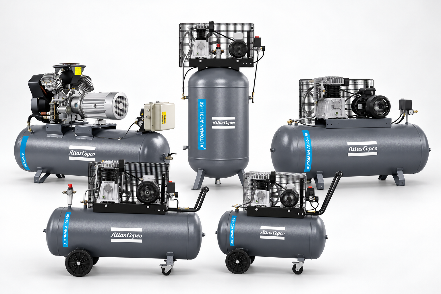 Cinque compressori Atlas Copco Automan AC, in configurazione orizzontale e verticale